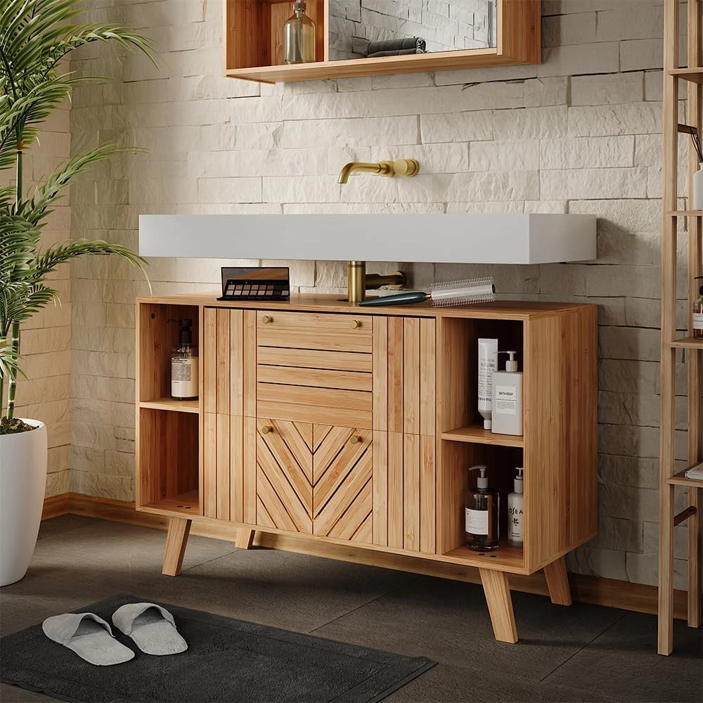 Mobile sottolavabo per bagno Lucie, Bambù, 100 x 65 cm con 2 cassetti, adatto per la conservazione salvaspazio di accessori da bagno