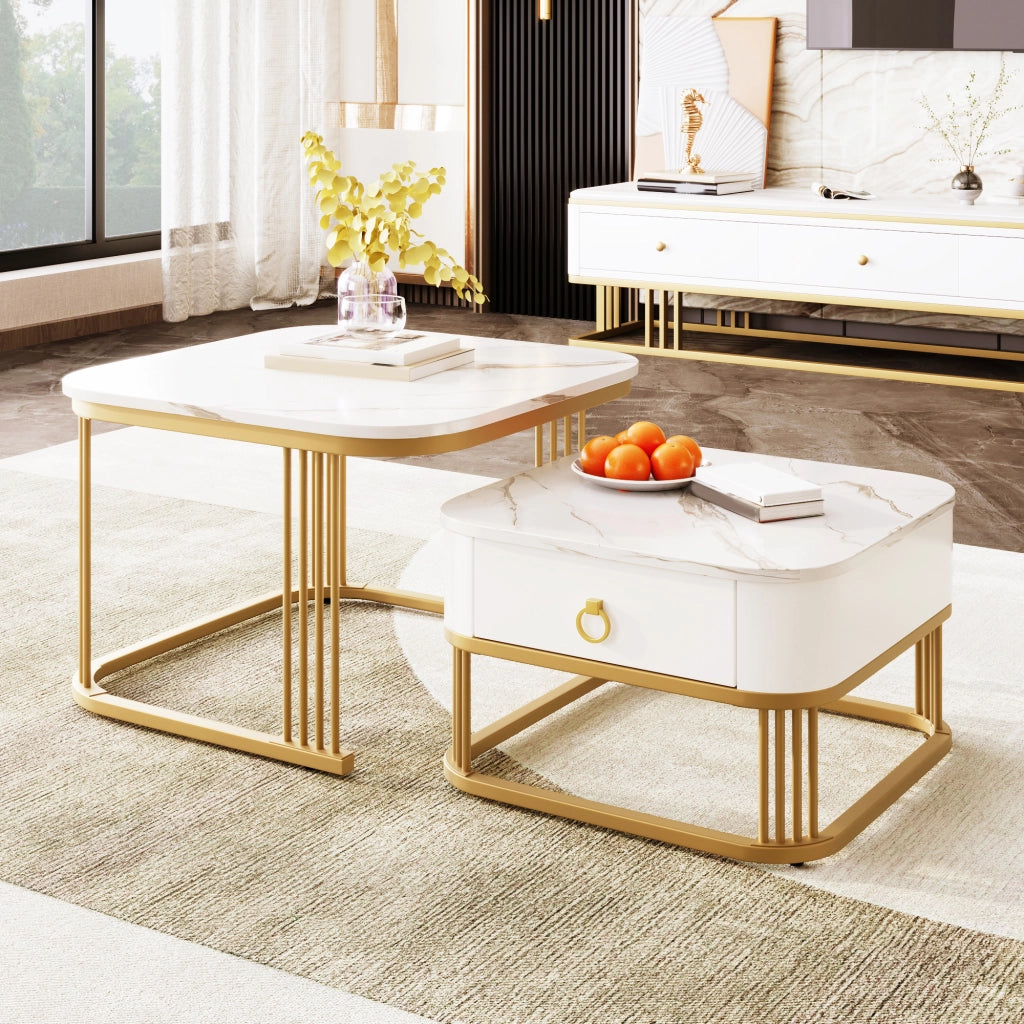 Tavolini bassi impilabili a scomparsa effetto marmo lucido in MDF bianco e oro con cassetto