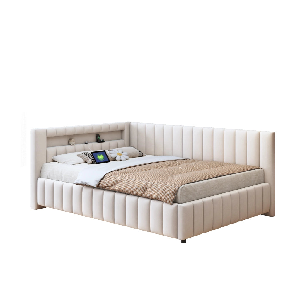 Letto divano 140 × 200 cm con LED, porta USB, schienale et testiera, senza materasso, in velluto, beige