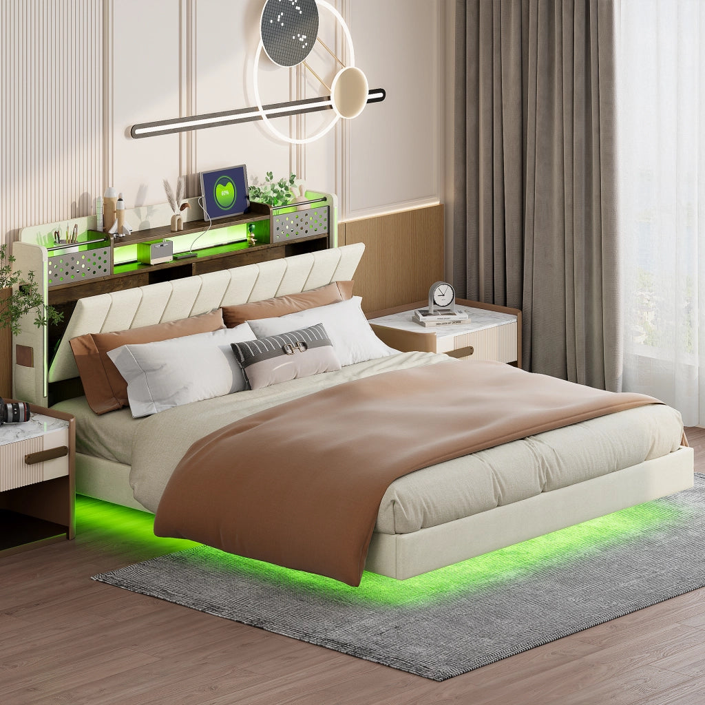 Letto imbottito – 160x200 cm – LED USB testiera contenitore – lino beige