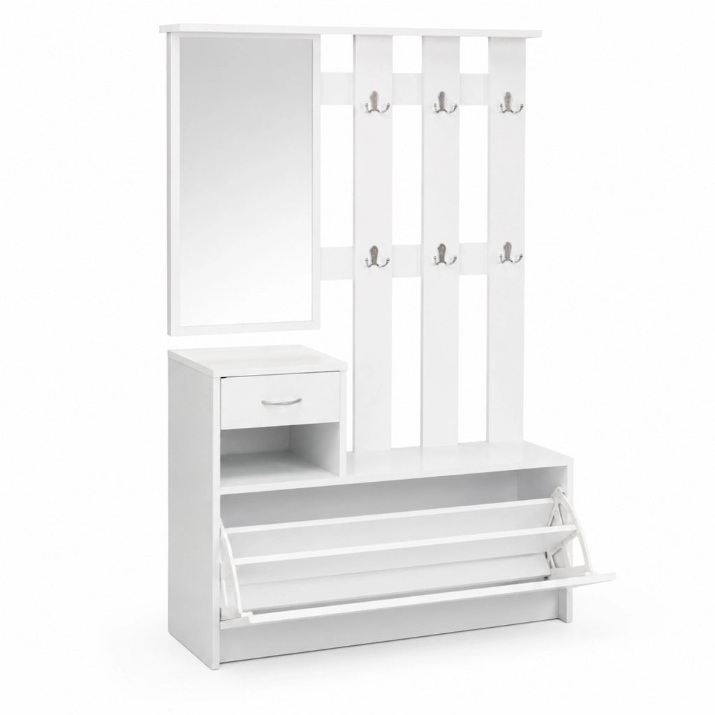 Mobile Ingresso Attaccapanni Con Scarpiera E Specchio Salvaspazio Per Entratina 97 x 35 x 25 cm Bianco