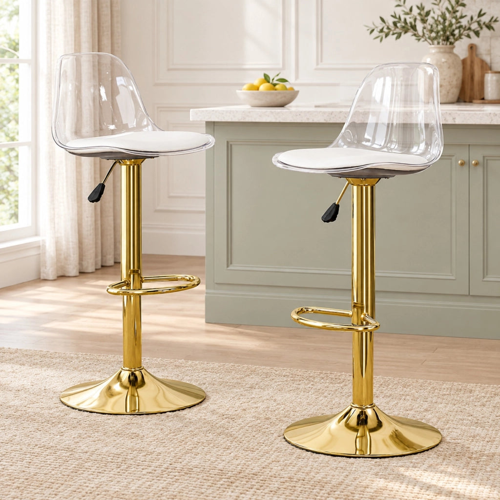 Set 2 sgabelli da bar regolabili e girevoli 360° con schienale trasparente e base oro HAVRYA