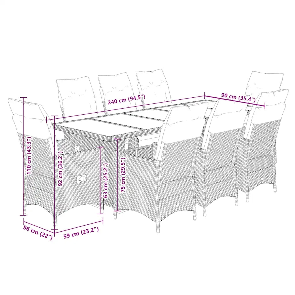 Set Bistrò da Giardino 9 pz con Cuscini in Polyrattan Grigio 3277259
