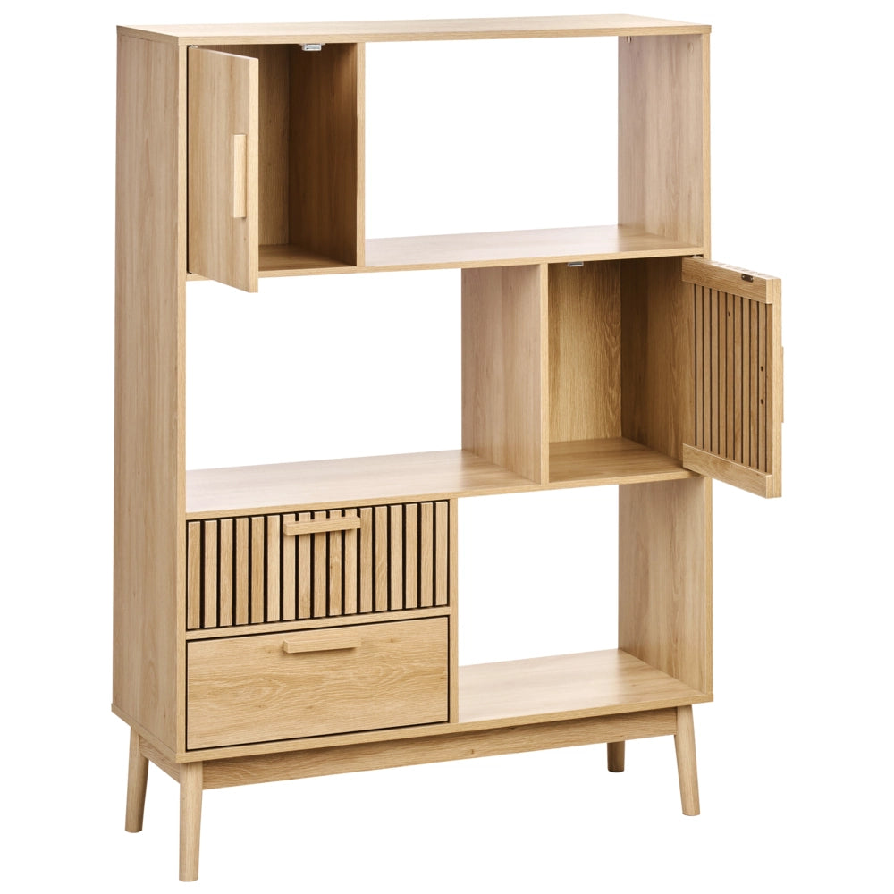 Libreria in legno chiaro MDF gambe in legno di pino 100x35x140 cm 2 cassetti 2 armadi 3 ripiani Scandinavo