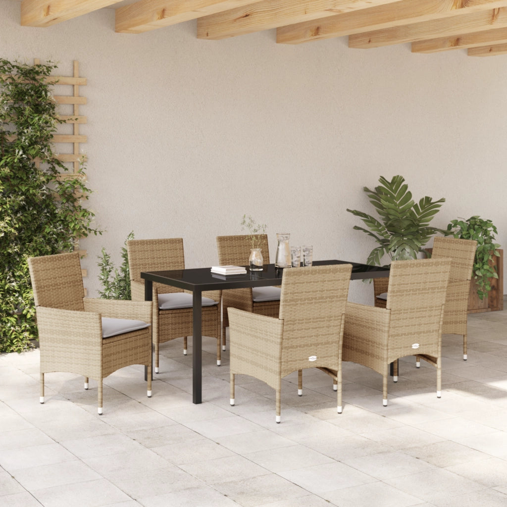 Set da Pranzo da Giardino 7 Pezzi con Cuscini Beige Rattan Poliestere