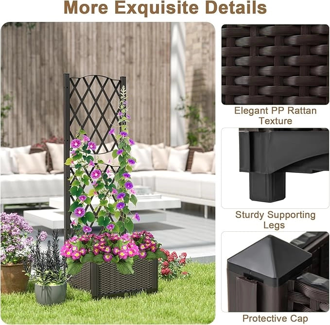 Fioriera con Spalliera da Esterno in PE, Vaso Rettangolare da Giardino con Auto-Irrigante e Fori di Drenaggio, Fioriera con Grigliato per Rampicanti da Balcone (Marrone, 40 x 40 x 122 cm)