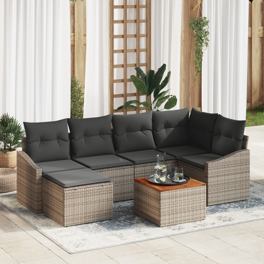 Set Divano da Giardino con Cuscini in 7 pezzi Grigio Polyrattan Acacia