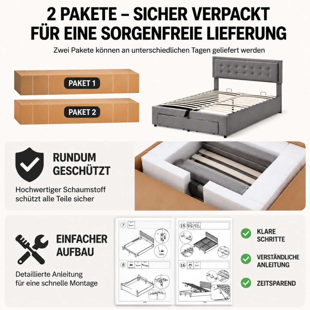 DESMIU Letto contenitore 2 posti con vano idraulico e 2 cassetti, 160 × 200 cm, senza materasso, beige