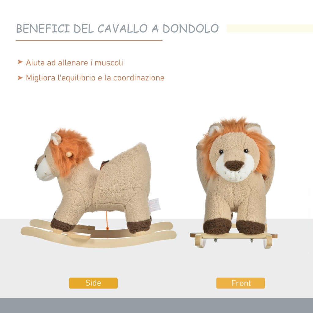 EasyComfort Dondolo Giocattolo a Forma di Leone per Bambini 18-36 Mesi, Ruggisce (3 Batterie Incluse), in Legno e Peluche