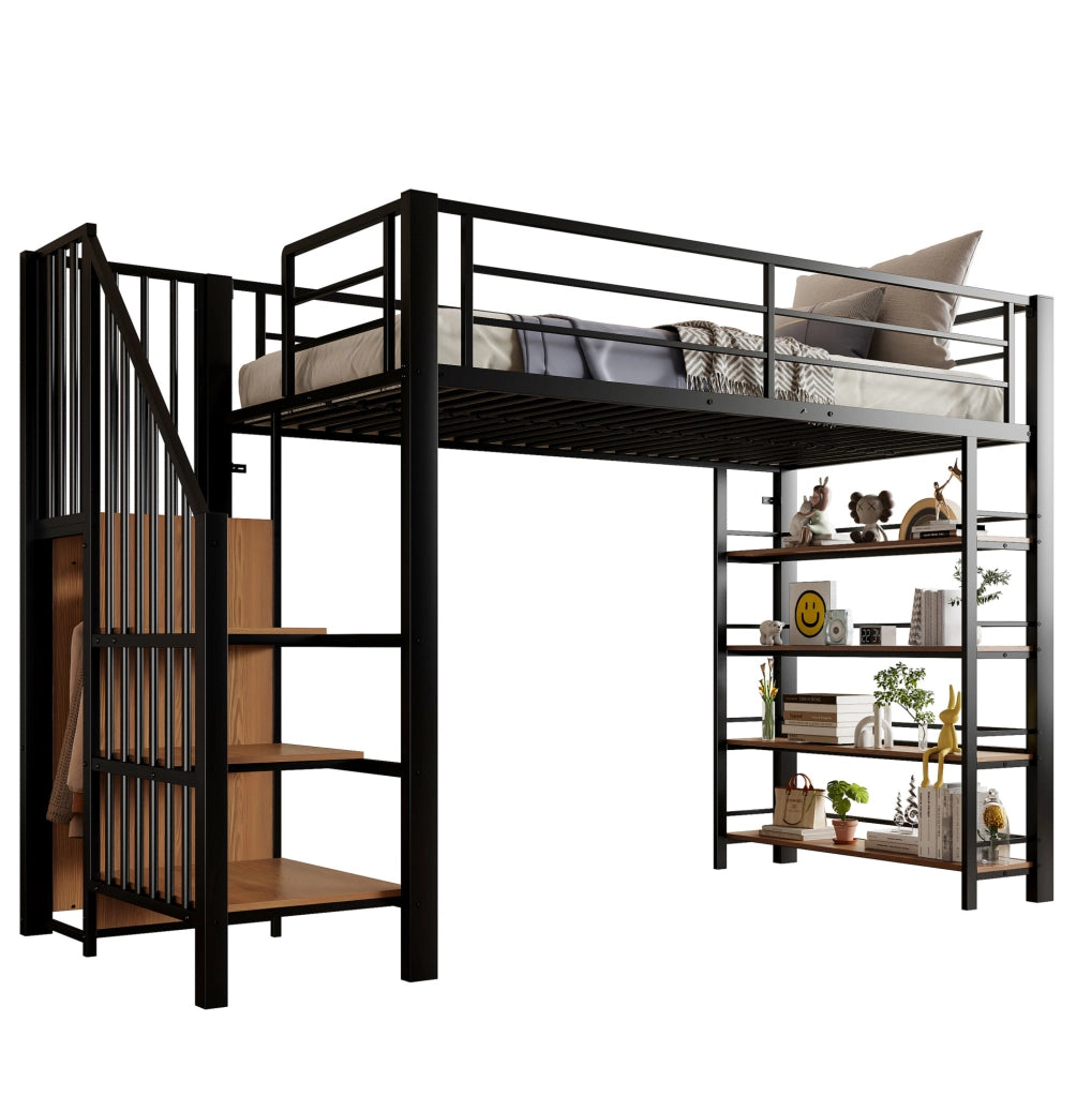Letto a soppalco 90x200 cm in metallo nero con scala; armadio e ripiani