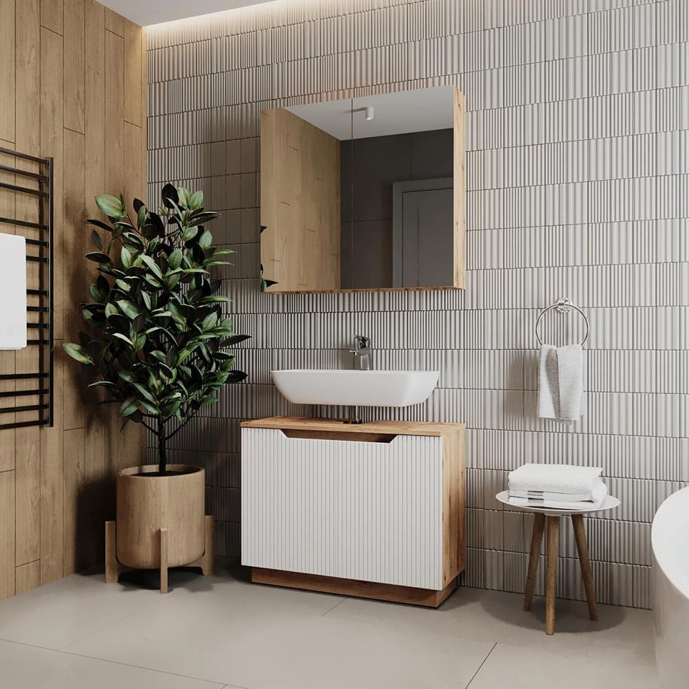 Set di mobili da bagno Lotta, Rovere/bianco a strisce, 2 parti