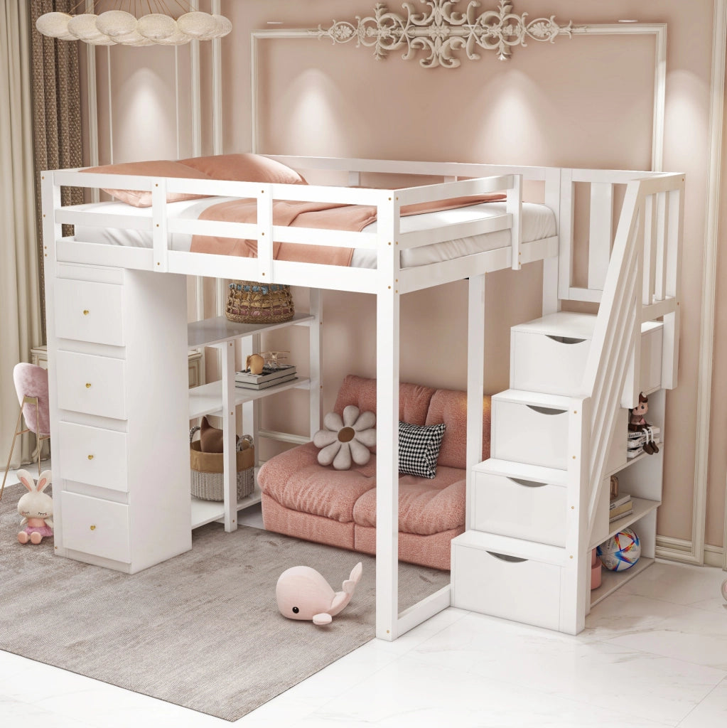 Letto a soppalco 140x200 cm in legno bianco con 4 cassetti; ripiani e scala laterale