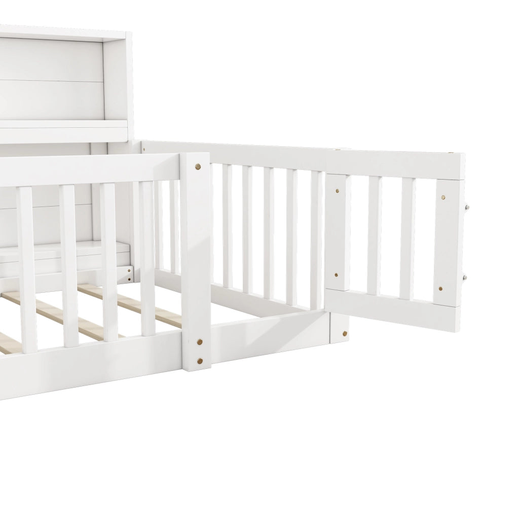 Daybed 90x200 cm con ripiani laterali e sponde di sicurezza; in pino e MDF bianco
