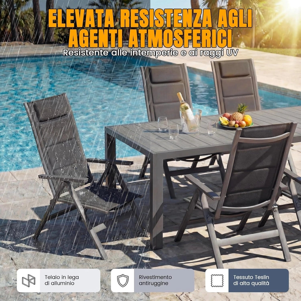 Set 2 Sedie da Giardino Pieghevoli in Alluminio - Poltrona da Giardino Esterna Regolabile in 7 Posizioni, Sedia Portatile a Schienale Alto Adatta a Tutte Tavole per Giardino, Terrazza, Piscina