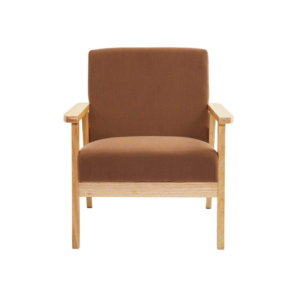 Poltrona scandinava in legno e velluto a coste, marrone