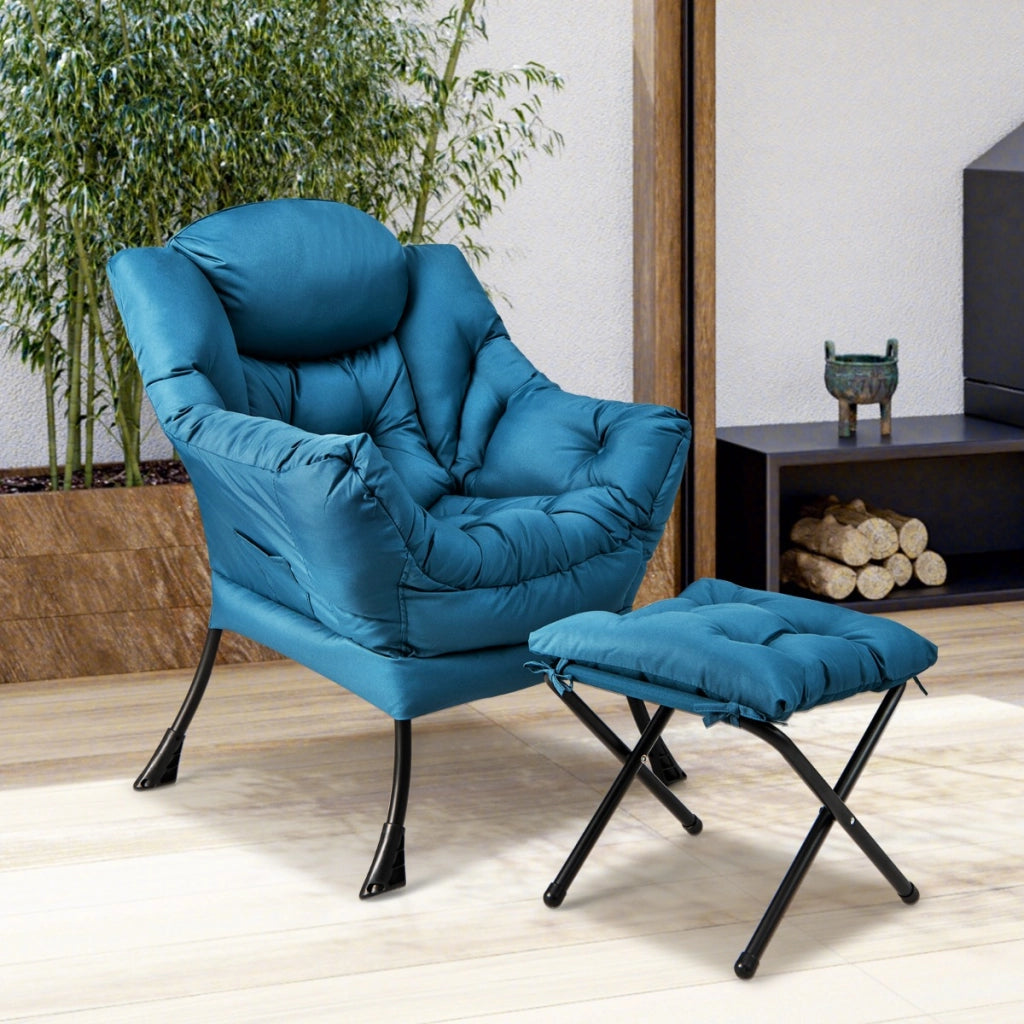 Poltrona pigra con cuscino braccioli tasca laterale poggiapiedi, Poltrona da lettura moderna Blu