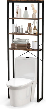 Scaffale Bagno 60 x 24 x 177 cm, Mobile Bagno Salvaspazio con 4 Ripiani in Legno e Telaio in Metallo, Mobiletto sopra Gabinetto per Soggiorno e Balcone, Nero e Marrone