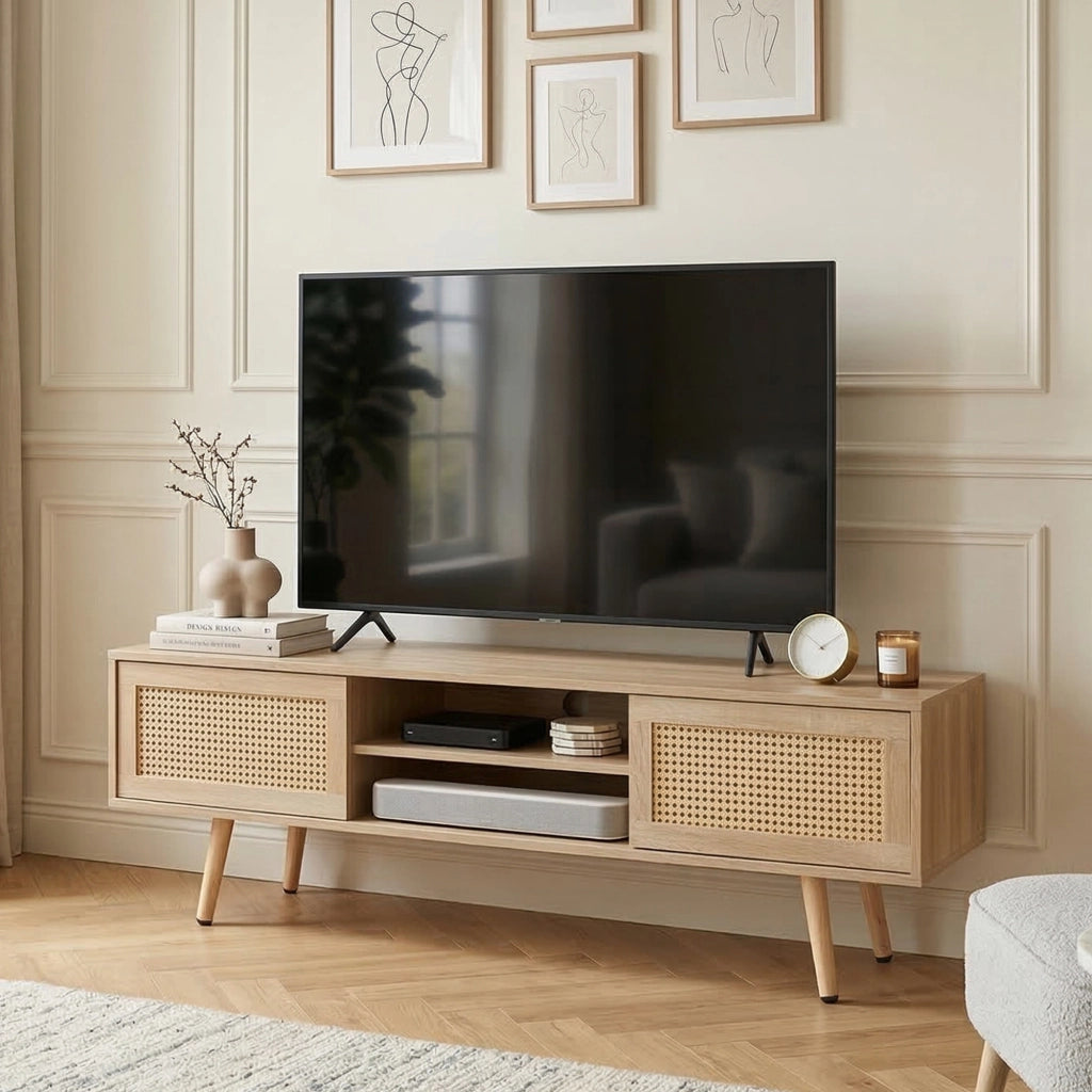 Mobile porta TV in rattan con 2 ante scorrevoli e 3 ripiani, per soggiorno, in MDF, naturale, 140 × 40 × 45 cm