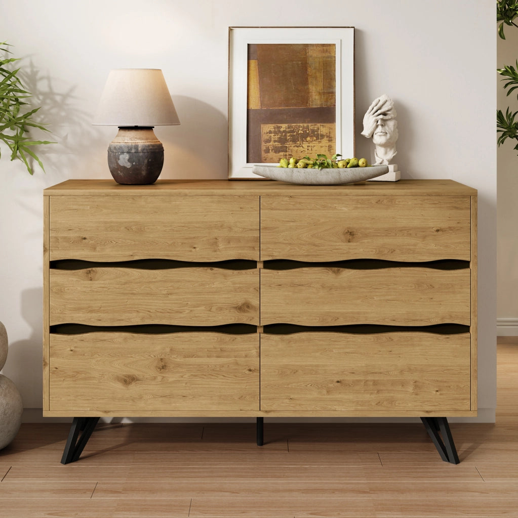 Credenza moderna con 6 cassetti, effetto legno e piedi in metallo
