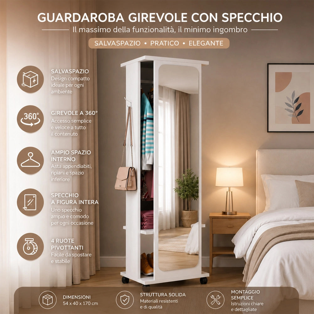 Guardaroba Girevole con Specchio e 4 Ruote Armadio Mobile 54x40x170 cm Bianco