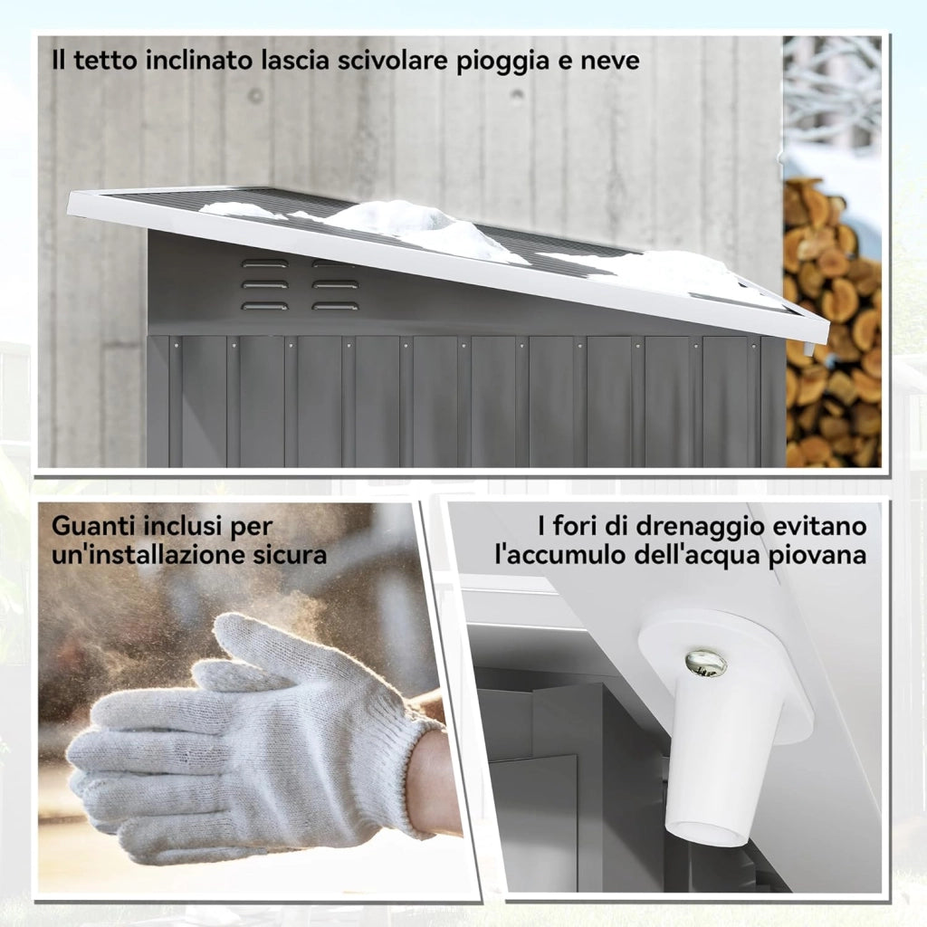 Casetta da Giardino Porta Attrezzi in Lamiera Acciaio Zincato, 2.55m² Capanno da Giardino con Porta Blocco Tetto Inclinato, Capannone per Prato, Patio, Cortile, Esterno, 221x133x190cm, Grigio