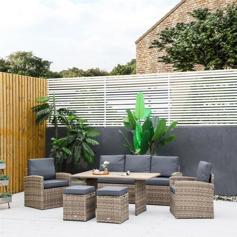 SET DA GIARDINO IN RATTAN PE CON DIVANO 3 POSTI 2 POLTRONE 2 SGABELLI E TAVOLO
