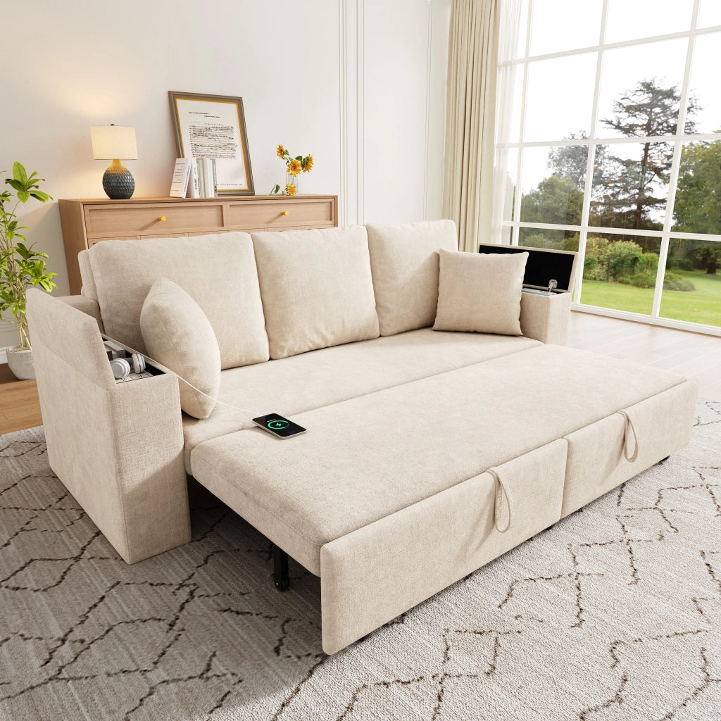 Divano letto modulare a 3 posti con funzione letto, porta USB e Type-C, vani contenitore, in chenille beige