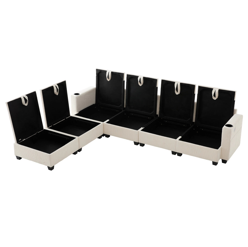 Divano modulare componibile L/U con USB; contenitore e portabicchieri; corduroy beige 280x151x82 cm