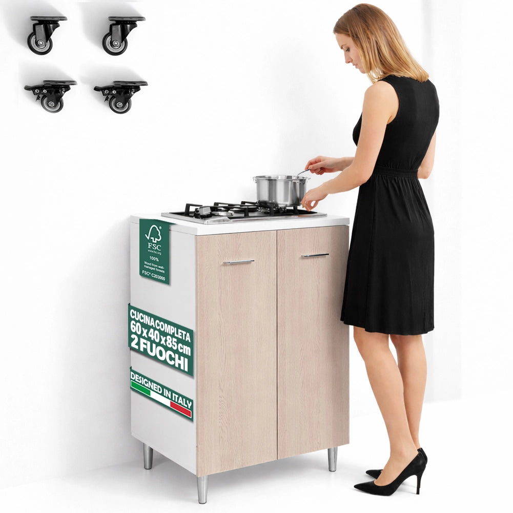 Mobile Cucina con Piano Cottura 2 Fuochi 60x40x85 cm con Piastre in Ghisa Olmo