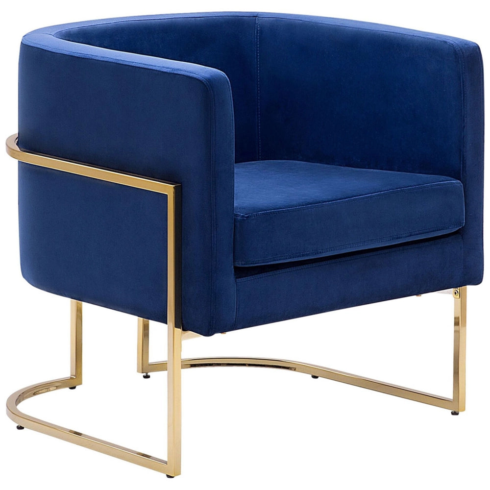 Poltrona Velluto Blu Scuro Struttura In Metallo Dorato Con Schienale Tondo Stile Glam