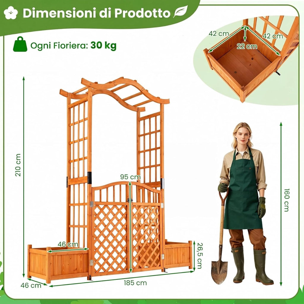 Arco da Giardino con Fioriere, Letto da Giardino Rialzato con Traliccio, Tetto, Fori di Drenaggio, Fondo Rimovibile e Cancelli Chiudibili, Pergolato da Esterno in Legno per Feste e Matrinomio