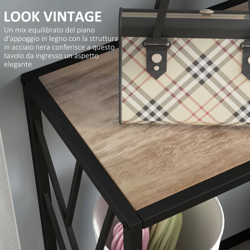Tavolo Consolle da Ingresso in Stile Industriale. Mobile Vintage in Acciaio e Legno. 120x35x75cm. Marrone
