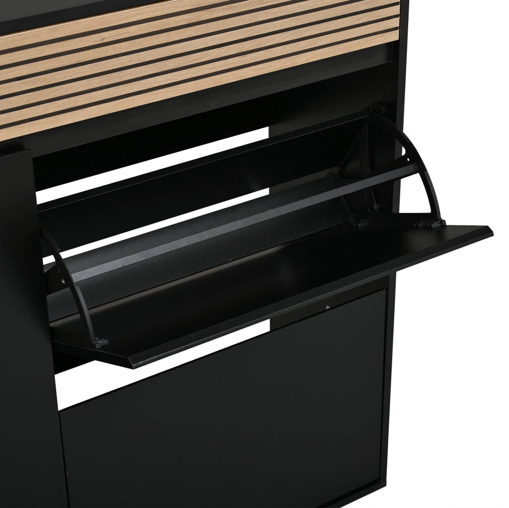 Scarpiere slim con cassetto; 2 ante a ribalta e vano laterale; 100x35x105 cm; nero e legno