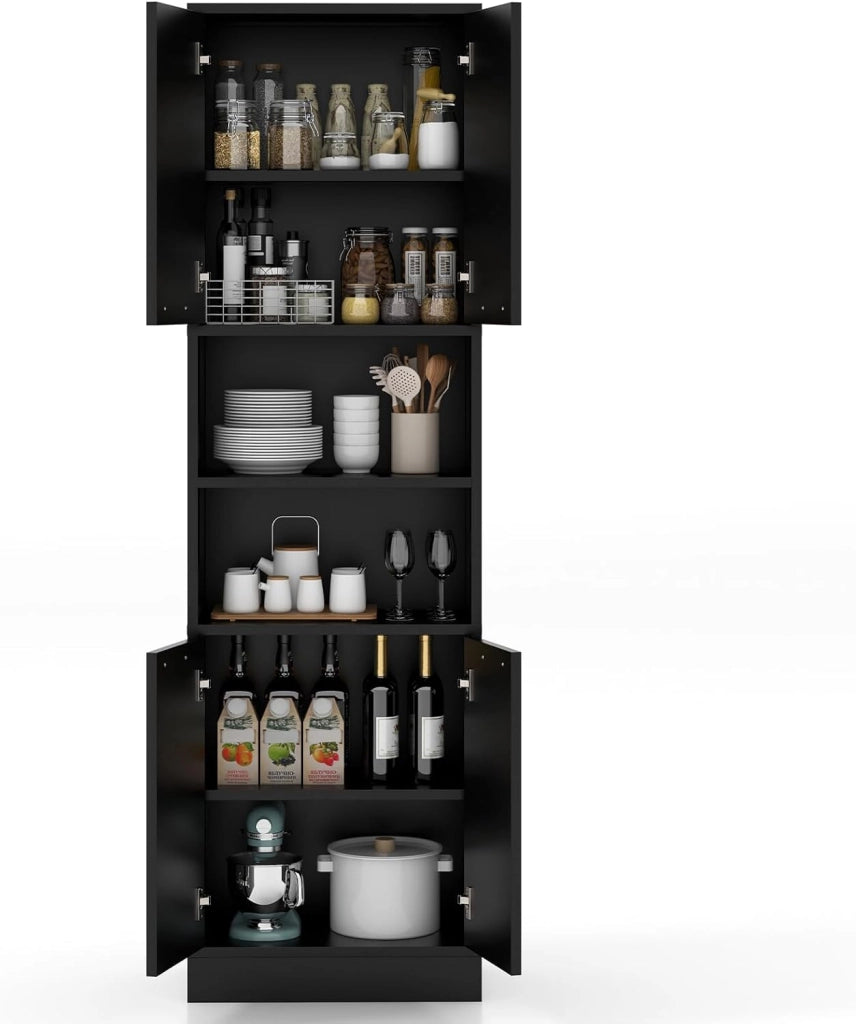 Credenza da Cucina, Mobile Buffet Alto con 2 Armadi a Doppia Porta e 2 Mensole Aperte, per Soggiorno, Cucina e Sala da Pranzo, 56 x 30 x 190 cm (Nero)