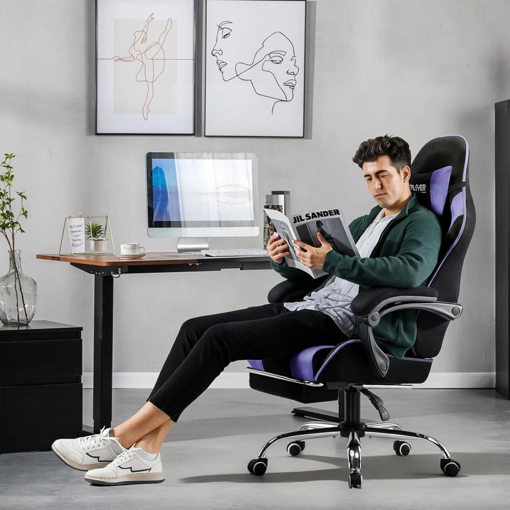 Sedia da gioco, sedia da ufficio, sedia ergonomica, sedia da gioco, con supporto per massaggi, sedie task con poggiapiedi e poggiatesta, tessuto viola