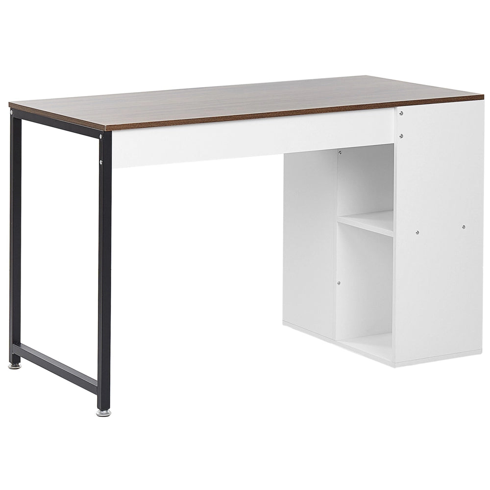 Scrivania da casa Piano in legno scuro Gamba in acciaio in metallo Nero Ripiani bianchi Contenitori 120 x 60 cm