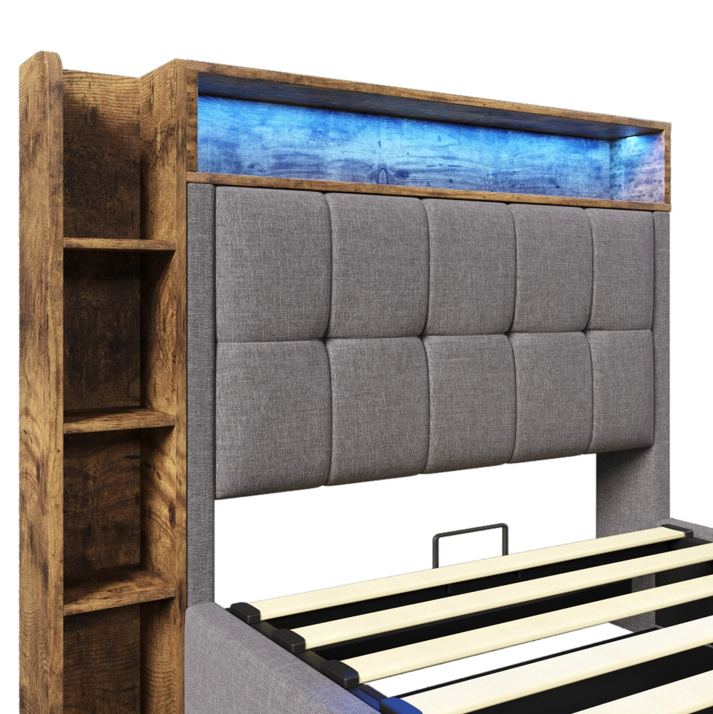 Polsterbett 90x200 cm con USB e LED; in lino e MDF; grigio