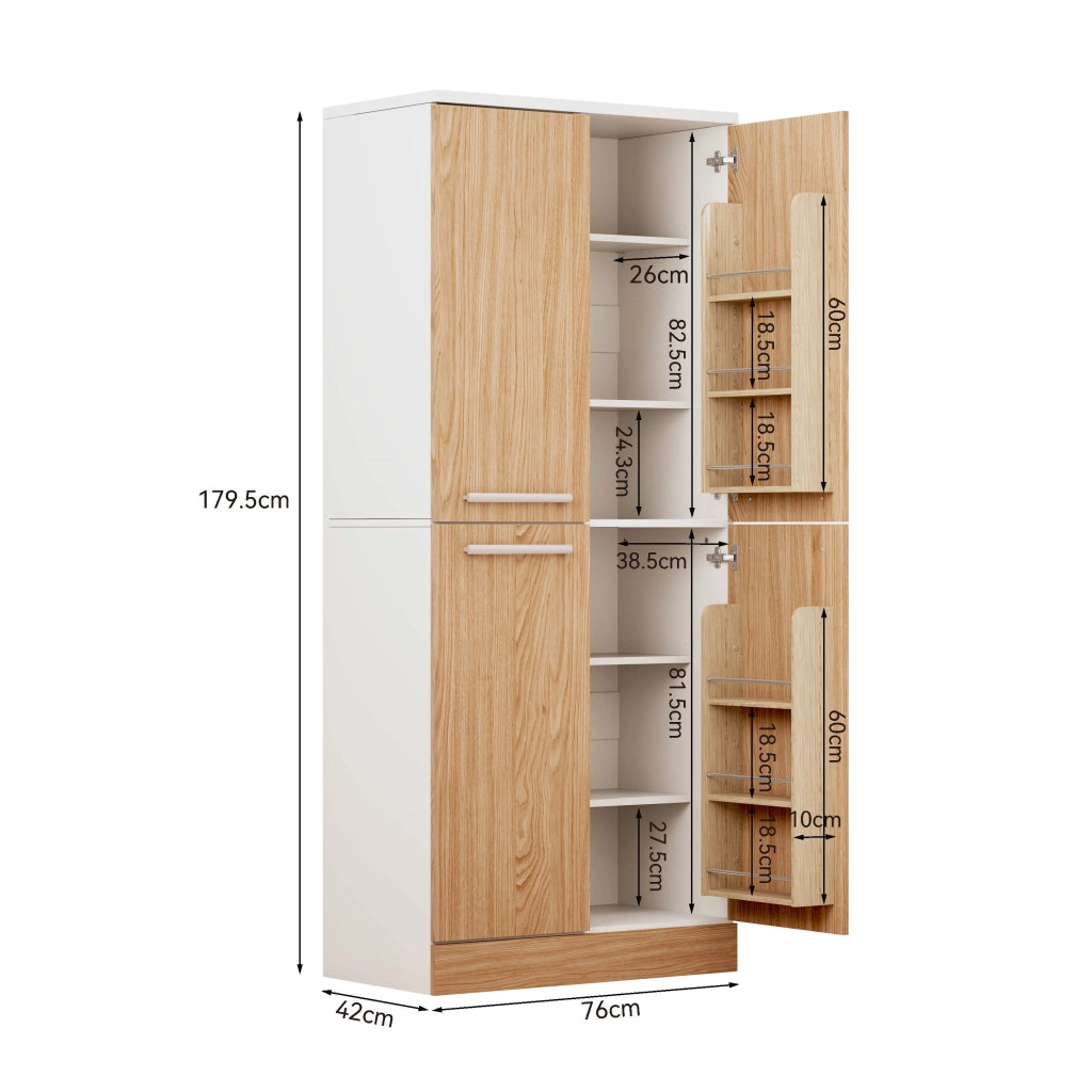Dispensa alta con 4 ante e ripiani regolabili per cucina, in MDF, bianco e naturale, 76 × 42 × 180 cm