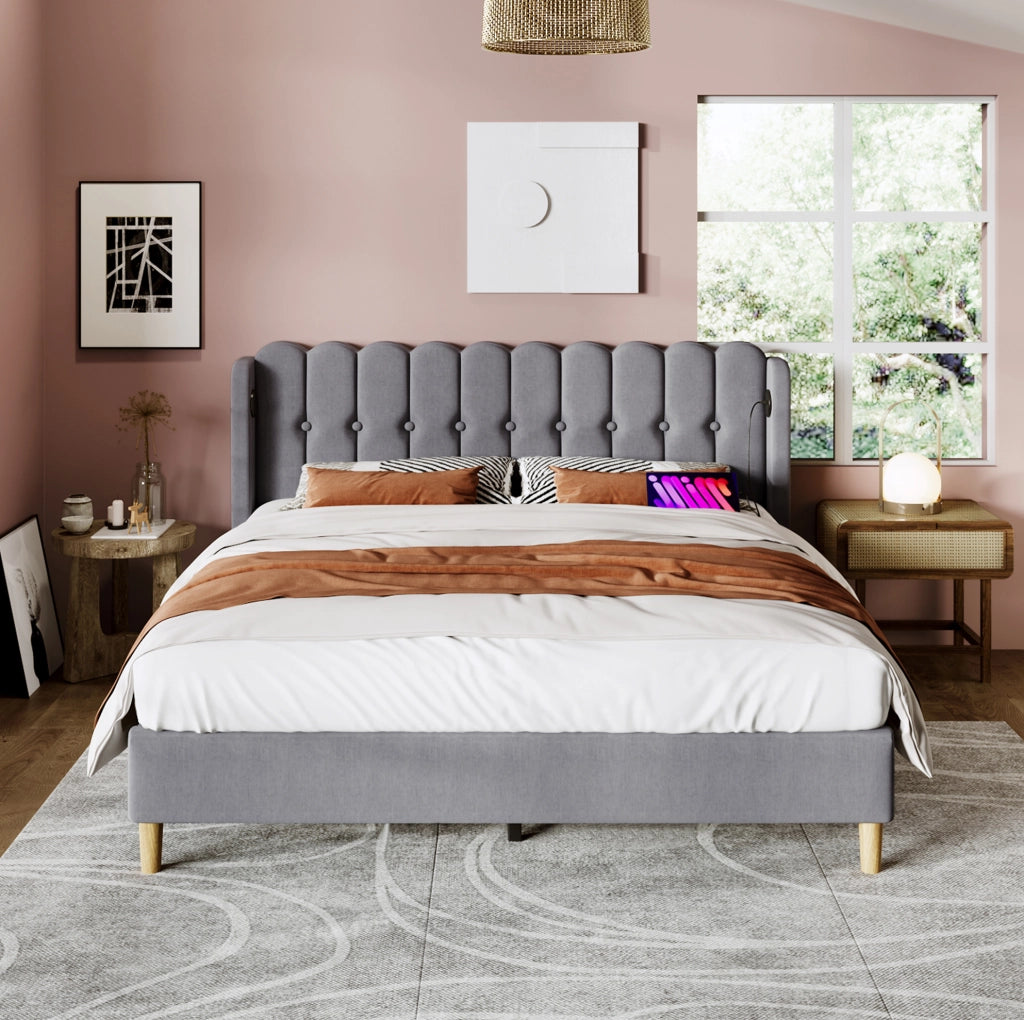 Letto matrimoniale 140x200 cm in lino grigio con USB Type C e rete a doghe, senza materasso