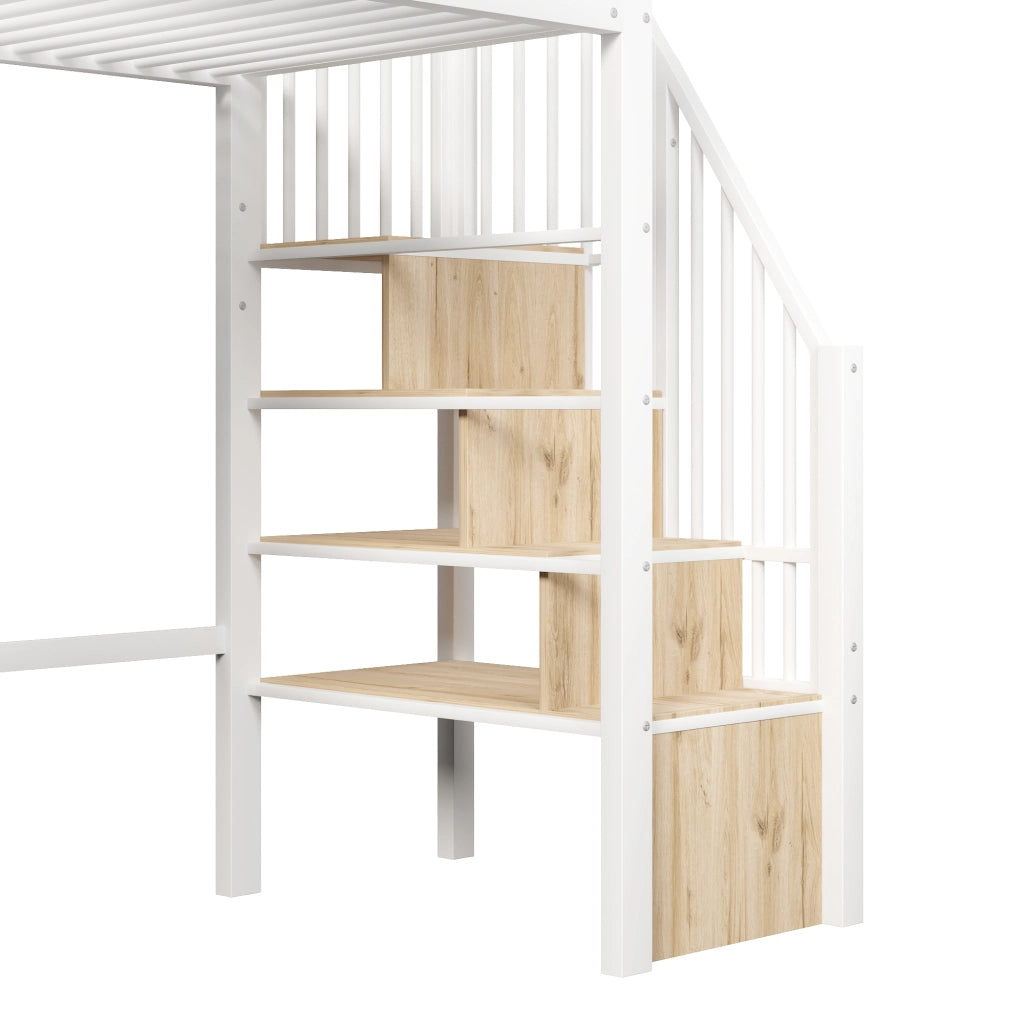 Letto a soppalco 90x200 cm con scala contenitore; finestra; spazio libero sottostante e parapetto; metallo bianco