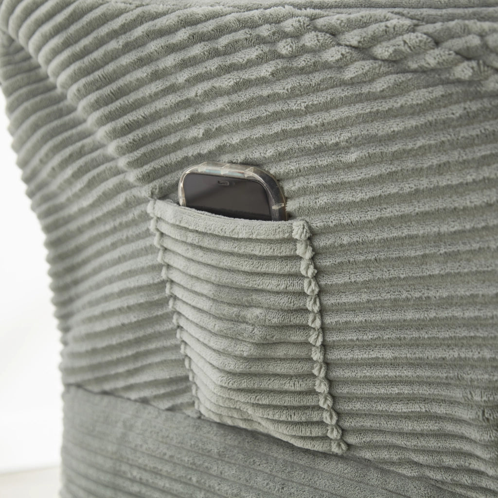 Fauteuil con pouf e tasca laterale in flanella con schienale ergonomico e struttura stabile in acciaio verde chiaro
