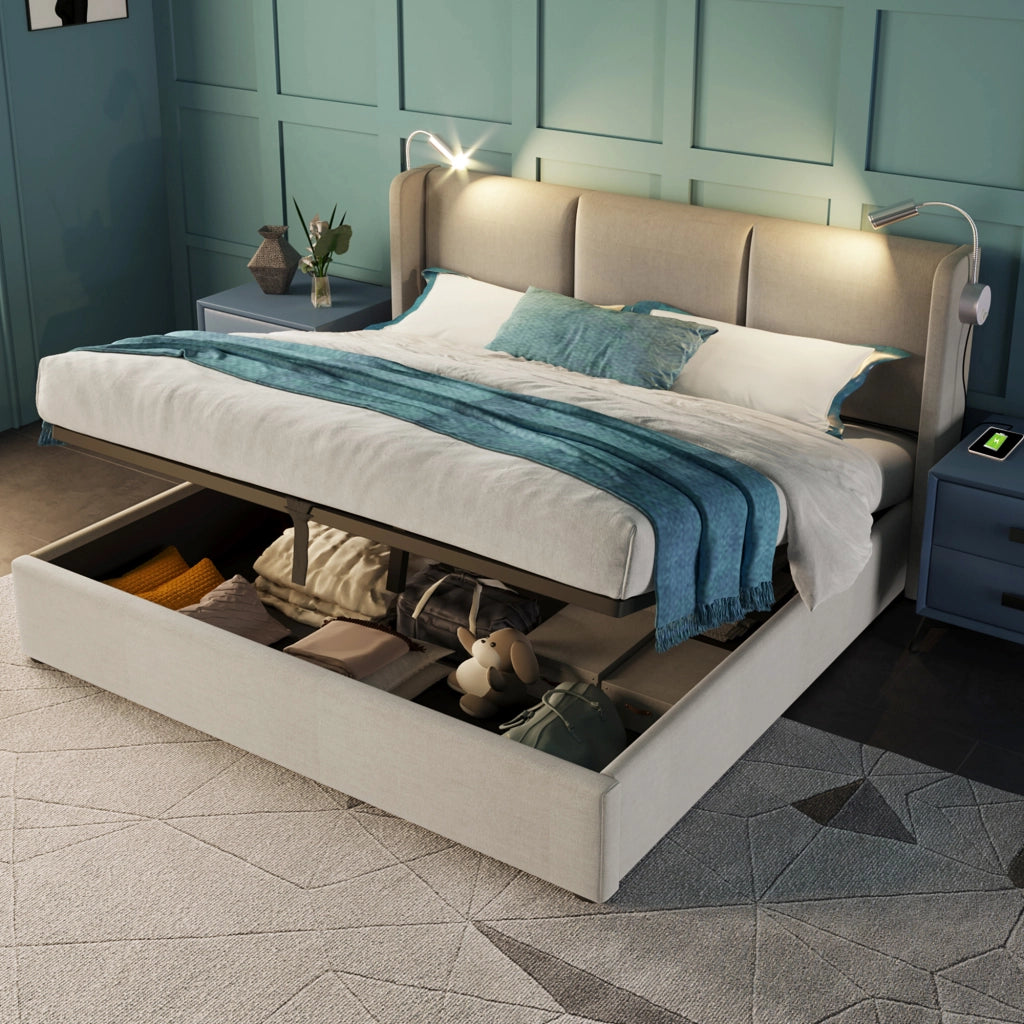 Letto Contenitore 140 x 200 cm; Letto Matrimoniale con USB; Luce da Lettura e Vano; senza Materasso