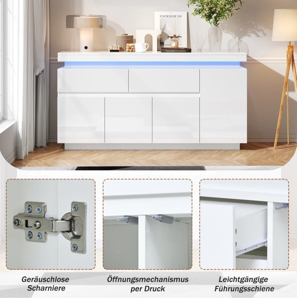 Sideboard moderno 140 x 35 x 72;5 cm in truciolare bianco lucido con LED e 2 cassetti