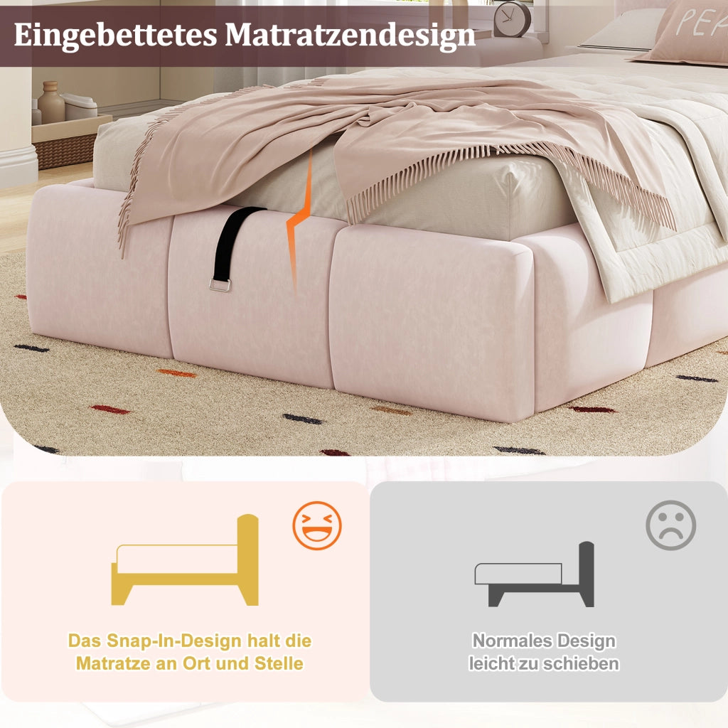 Letto imbottito idraulico con porta USB 90x200 cm velluto rosa