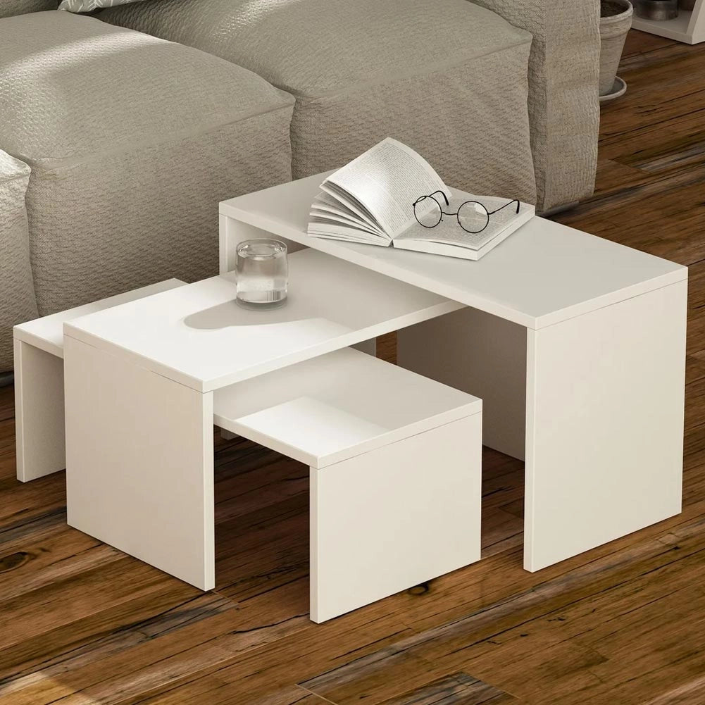 Set 3 Tavolini da Caffè da Salotto Rettangolare a Incastro in MDF Bianco