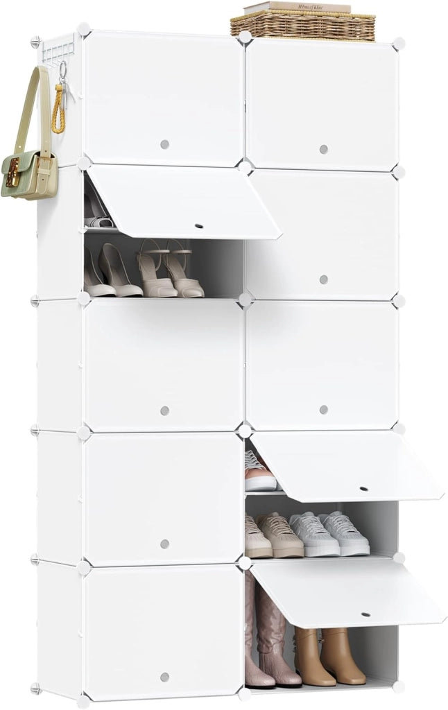Scarpiera da Ingresso, Porta Scarpe con 10 Scomparti, Scarpiera Modulare per 40 Paia di Scarpe, Contenitore per Scarpe con Porte, in Plastica e Metallo, Bianco + Nero, 35x35x45cm/Scomparto