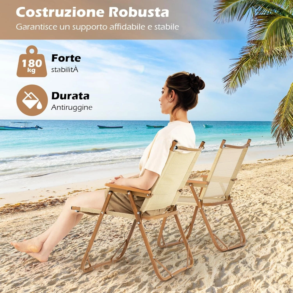 Set di 2 Sedie da Campeggio Pieghevoli, Sedie da Spiaggia Leggere con Telaio in Alluminio, Sedie da Giardino Portatili con Braccioli per Esterni, Portata 180 kg