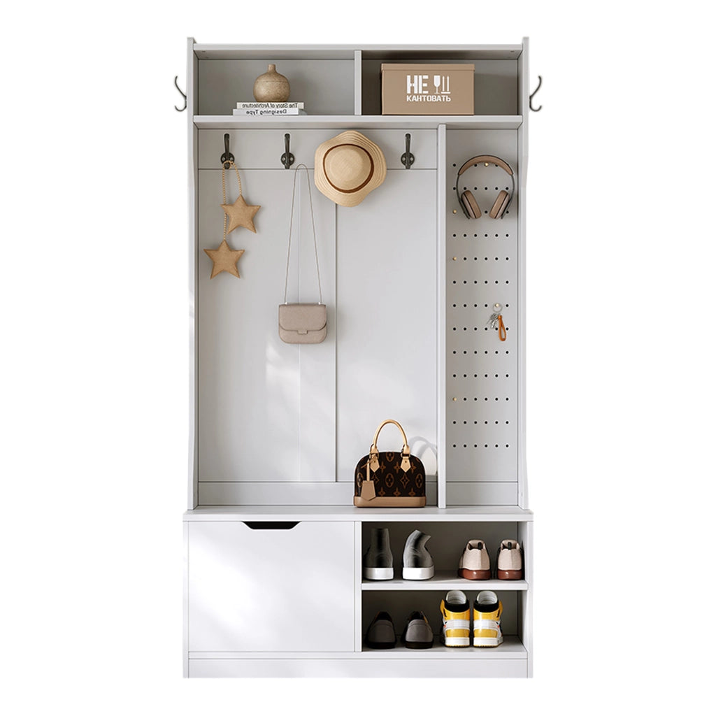 OKWISH Mobile da Ingresso con Panca, 6 Ganci, Vani Aperti e Scarpiera Ribaltabile, Bianco, 100 x 40 x 185.5 cm
