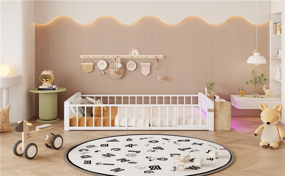 DESMIU Letto per bambini 90 × 200 cm con sponda di sicurezza, vano aperto e LED, senza materasso, bianco