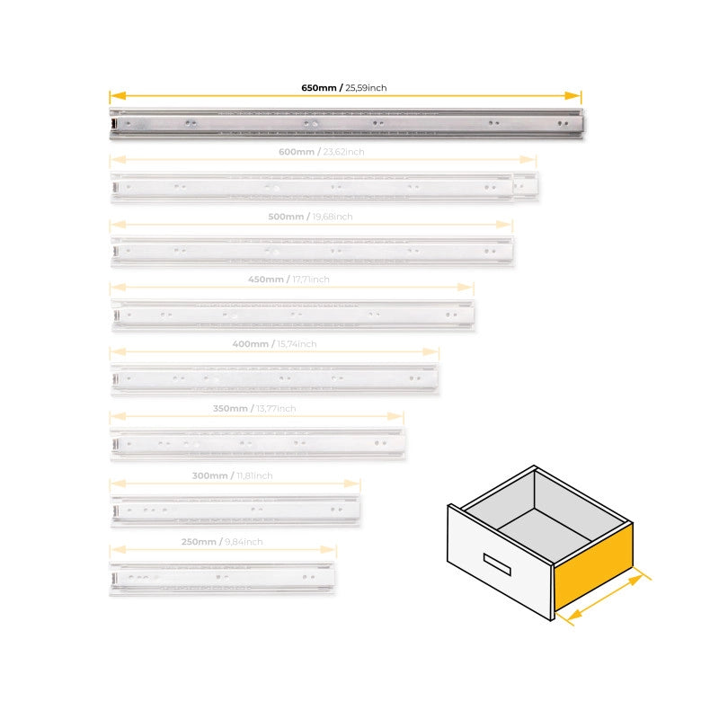 Set di guide a sfere per cassetti con estrazione totale, altezza 45 mm, lunghezza 300 mm, Acciaio, Zincato bianco